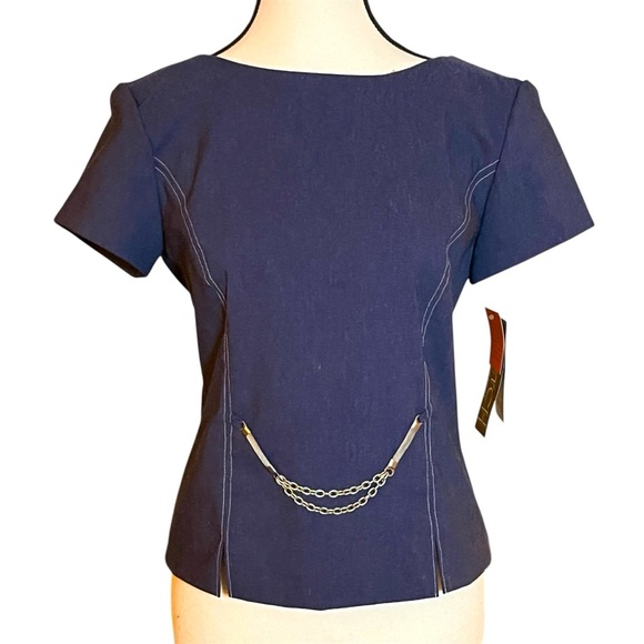 Taurus II Vintage Petite Top Blouse Chambray Denim Metal Women’s Size 4P Fitted - Picture 1 of 9